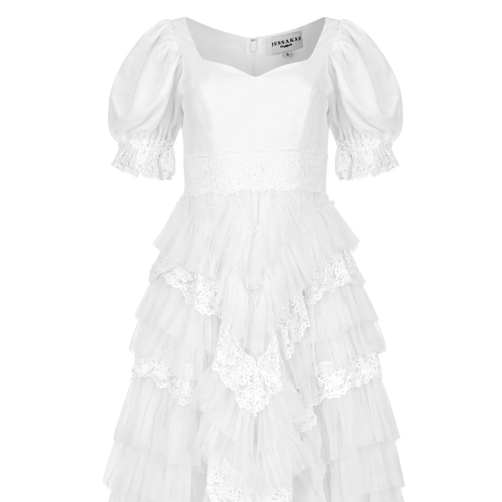 JessaKae White Tiered Lace Puff Sleeve Wedding Dress - Picture 3 of 13